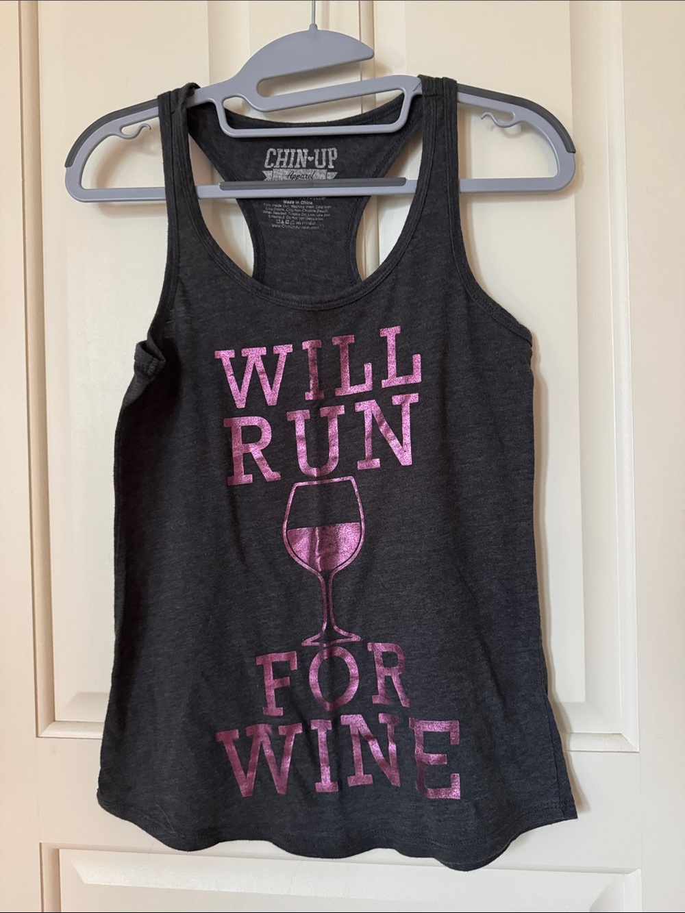 Chin Up Apparel Dark Gray Racerback Tank with Pink 'Will Run For Wine' Graphic